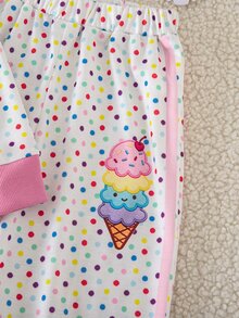 SHEIN 女童秋冬彩色波點冰淇淋兩件套，圓領插肩長袖上衣搭配側條紋寬腿褲，3D冰淇淋貼布繡裝飾，粉色對比羅紋袖口設計，甜美俏皮休閒風，適合幼兒園、公園、日常出遊 - 彩色 - 查看 7