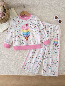 SHEIN 女童秋冬彩色波點冰淇淋兩件套，圓領插肩長袖上衣搭配側條紋寬腿褲，3D冰淇淋貼布繡裝飾，粉色對比羅紋袖口設計，甜美俏皮休閒風，適合幼兒園、公園、日常出遊 - 彩色 - 查看 4
