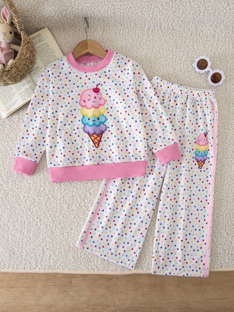 SHEIN Setelan 2 Potong Motif Polkadot Es Krim Warna-warni Musim Gugur/Dingin untuk Anak Perempuan, Atasan Lengan Panjang Raglan Leher Bulat dengan Celana Panjang Bergaris Samping, Dekorasi Bordir Aplikasi Es Krim 3D, Desain Manset Bergaris Kontras Warna Pink, Gaya Kasual yang Manis dan Ceria, Cocok untuk Taman Kanak-kanak, Taman, dan Kegiatan Sehari-hari - MultiWarna - View 4