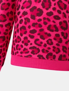SHEIN طقم من قطعتين للبنات المراهقات: سويتشيرت كاجوال فضفاض بياقة دائرية مطبوع بنقشة نمر وردي محبوك وبنطلون بقصة مستقيمة - متعدد الألوان - مشاهدة 6