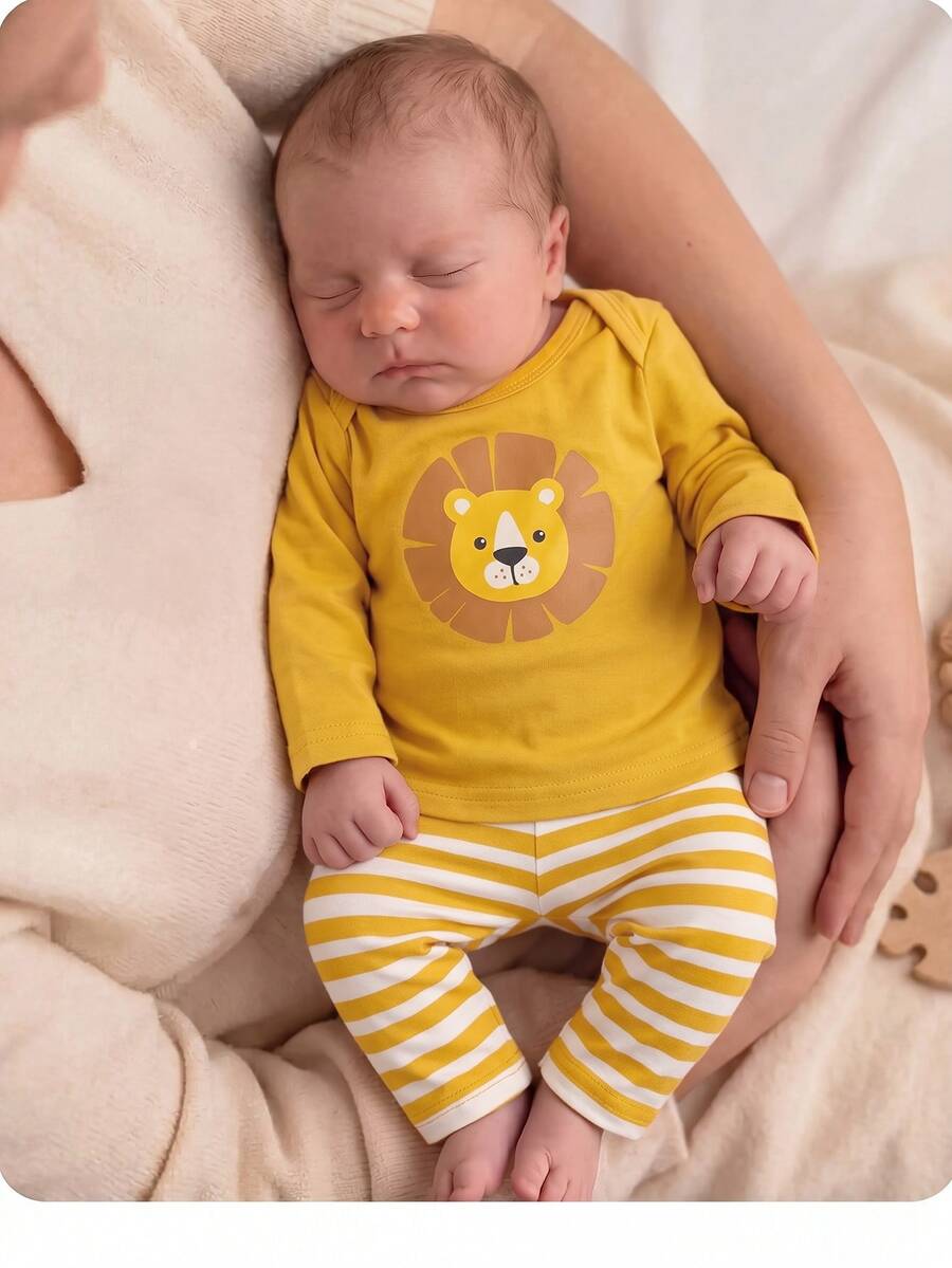 SHEIN New Born Baby Cartoon Lion Print Long Sleeve Top And Striped Long Pants Loungewear Set - Yellow - View 1