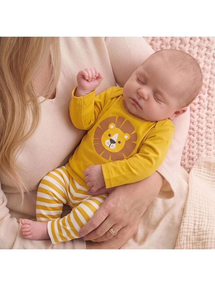 SHEIN New Born Baby Cartoon Lion Print Long Sleeve Top And Striped Long Pants Loungewear Set - Yellow - View 1