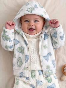 SHEIN Newborn Baby Cartoon Pattern Zipper Casual Daily Hooded Autumn Winter Jacket - Beige - View 3