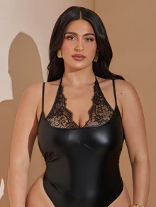 SHEIN BAE CURVE 大尺碼黑色蕾絲拼接PU細肩帶連身內衣，優雅商務休閒設計，適合萬聖節、夜店、夏季 - 黑色 - 查看 6