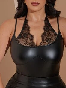 SHEIN BAE CURVE 大尺碼黑色蕾絲拼接PU細肩帶連身內衣，優雅商務休閒設計，適合萬聖節、夜店、夏季 - 黑色 - 查看 1