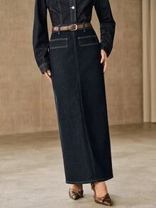 Anewsta Women's New Fashion Design Blue Straight Skirt - Blue - View 3