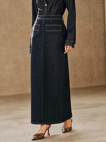 Anewsta Women's New Fashion Design Blue Straight Skirt - Blue - View 4