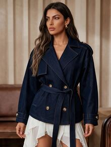 Anewsta Women's Fall/Winter Elegant Navy Blue Double-Breasted Lapel Denim Trench Coat, Smart Casual Short Jacket For Work Going Out - Blue - View 2