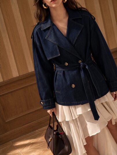 Anewsta Women's New Elegant Short Long Sleeve Double-Breasted Lapel Denim Effect Effect Trench Coat Jacket