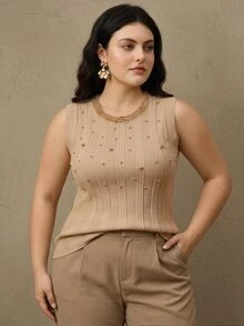 Anewsta Grey Toned Vertical Stripe Pearl Beaded Sleeveless Knit Tank Top Women Heavy Rhinestone Embellished Round Neck Slim Fit Innerwear Camisole - Apricot - View 3