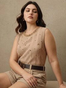 Anewsta Grey Toned Vertical Stripe Pearl Beaded Sleeveless Knit Tank Top Women Heavy Rhinestone Embellished Round Neck Slim Fit Innerwear Camisole - Apricot - View 1