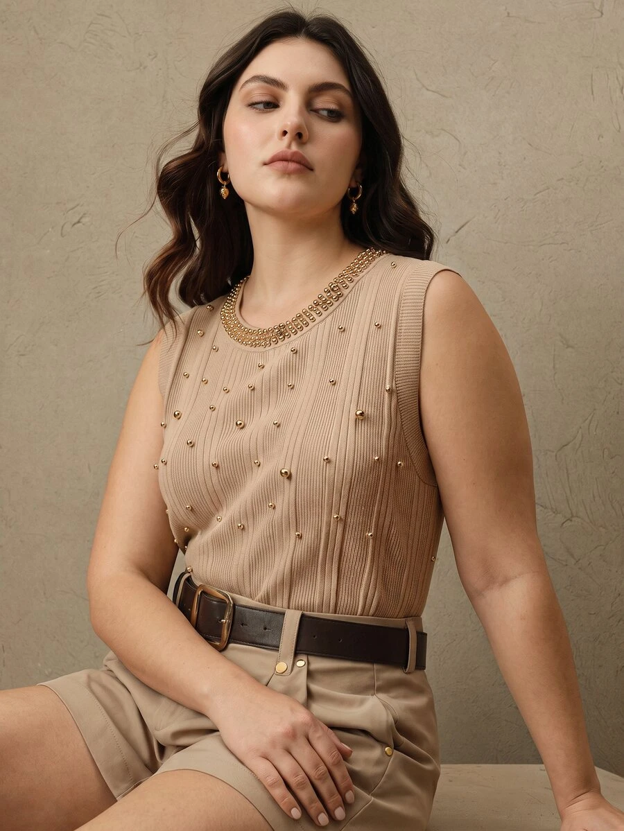 Anewsta Grey Toned Vertical Stripe Pearl Beaded Sleeveless Knit Tank Top Women Heavy Rhinestone Embellished Round Neck Slim Fit Innerwear Camisole - Apricot - View 1