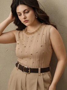 Anewsta Grey Toned Vertical Stripe Pearl Beaded Sleeveless Knit Tank Top Women Heavy Rhinestone Embellished Round Neck Slim Fit Innerwear Camisole - Apricot - View 5
