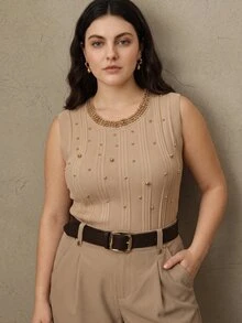 Anewsta Grey Toned Vertical Stripe Pearl Beaded Sleeveless Knit Tank Top Women Heavy Rhinestone Embellished Round Neck Slim Fit Innerwear Camisole - Apricot - View 6