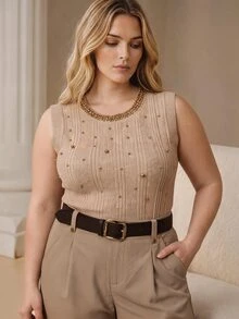 Anewsta Grey Toned Vertical Stripe Pearl Beaded Sleeveless Knit Tank Top Women Heavy Rhinestone Embellished Round Neck Slim Fit Innerwear Camisole - Apricot - View 2