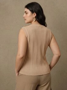 Anewsta Grey Toned Vertical Stripe Pearl Beaded Sleeveless Knit Tank Top Women Heavy Rhinestone Embellished Round Neck Slim Fit Innerwear Camisole - Apricot - View 7