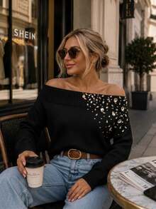 Anewsta Women's Open Shoulder Christmas, Elegant Beaded Winter Knit Sweater - Black - View 7