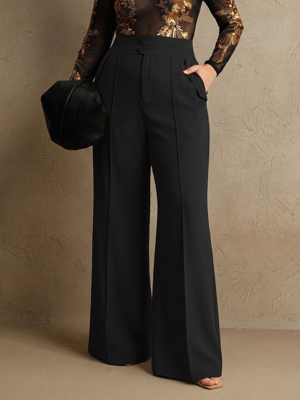 Anewsta Plus Urban Modern Elegant High Waist Flared Double Button Plus Size Women's Suit Pants New Year's Outfit Office Black Summer/Autumn