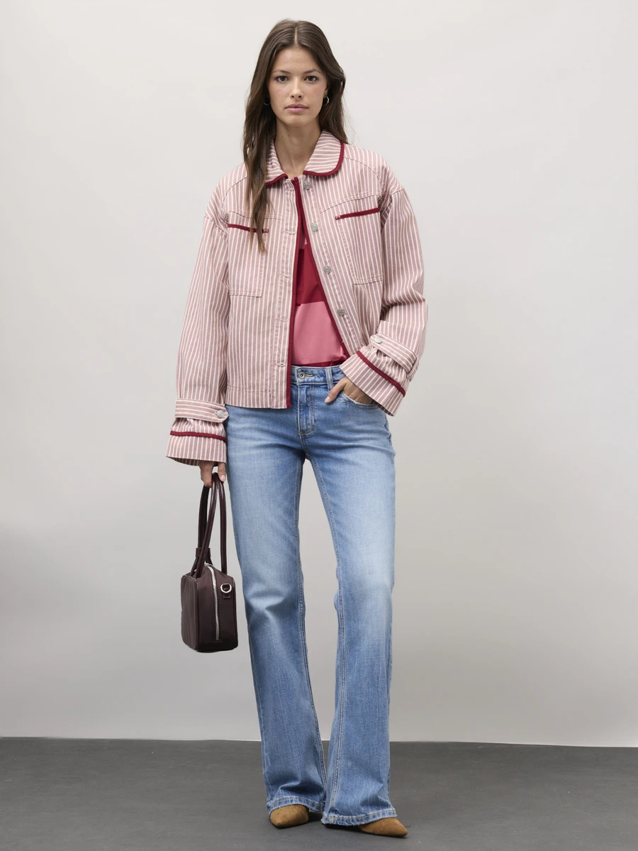 Nöista Part Of A Set, Pink Striped Button-Up Jacket With Rounded Collar, Contrast Piping, Patch Pockets And Flared Cuffs. A Cute Casual Style For Fall. - Pink - View 1