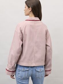 Nöista Part Of A Set, Pink Striped Button-Up Jacket With Rounded Collar, Contrast Piping, Patch Pockets And Flared Cuffs. A Cute Casual Style For Fall. - Pink - View 5