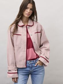 Nöista Part Of A Set, Pink Striped Button-Up Jacket With Rounded Collar, Contrast Piping, Patch Pockets And Flared Cuffs. A Cute Casual Style For Fall. - Pink - View 3