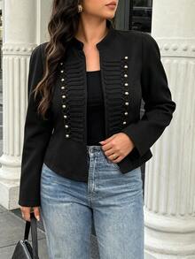 Easura Women's Military Inspired Short Jacket, Stand Neck With Gold Buttons & Braided Trim, Slim Fit Outerw Fall - Black - View 7
