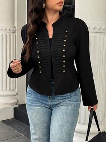 Easura Women's Military Inspired Short Jacket, Stand Neck With Gold Buttons & Braided Trim, Slim Fit Outerw Fall - Black - View 4