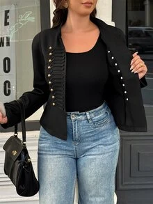 Easura Women's Military Inspired Short Jacket, Stand Neck With Gold Buttons & Braided Trim, Slim Fit Outerw Fall - Black - View 5
