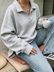 Easura Fall/Winter Plus Size Women's Shirt Collar Drop Shoulder Split Hem Casual Western Tops For Going Out Formal Commute Sweatshirt Grey Casual Tailored - Grey - View 7