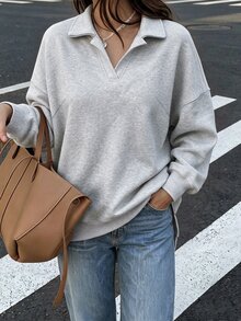 Easura Fall/Winter Plus Size Women's Shirt Collar Drop Shoulder Split Hem Casual Western Tops For Going Out Formal Commute Sweatshirt Grey Casual Tailored - Grey - View 6
