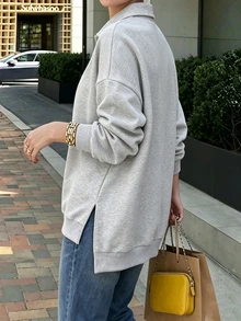 Easura Fall/Winter Plus Size Women's Shirt Collar Drop Shoulder Split Hem Casual Western Tops For Going Out Formal Commute Sweatshirt Grey Casual Tailored - Grey - View 5