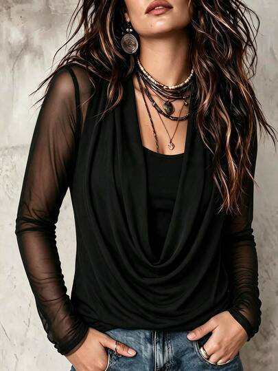 SHEIN LUNE 2026 Autumn/Winter Plus Size Mesh Sheer Cowl Neck 2 In 1 Long Sleeve T-Shirt, Elegant Date Top, Streetwear Afternoon Tea Office Blouse Fall