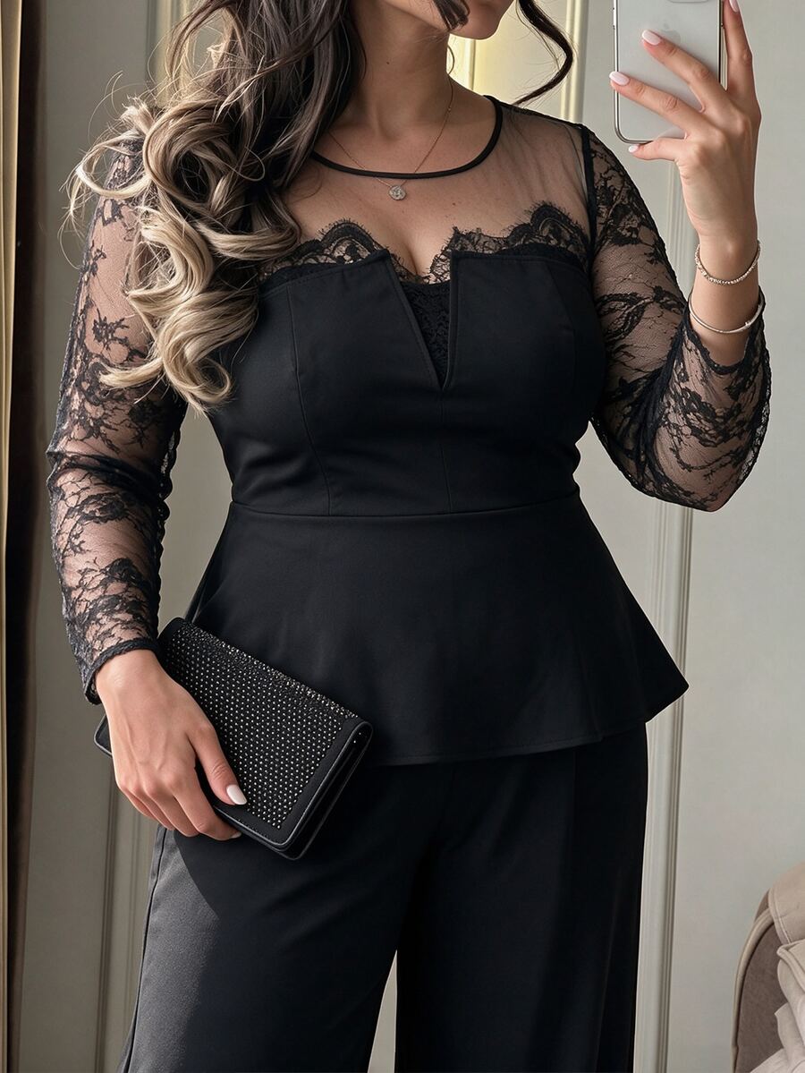 Elegantrix Plus Size Elegant Lace Mesh Ruffle Top And Wide Leg Pants Party Cocktail Set, Formal Evening Black Two Pieces Outfit Autumn Fall/Winter Party Formal