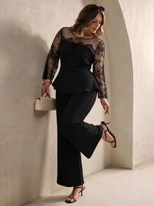 Elegantrix Plus Size Elegant Lace Mesh Ruffle Top And Wide Leg Pants Party Cocktail Set, Formal Evening Black Two Pieces Outfit Autumn Fall/Winter Party Formal - Black - View 5