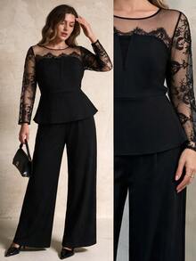 Elegantrix Plus Size Elegant Lace Mesh Ruffle Top And Wide Leg Pants Party Cocktail Set, Formal Evening Black Two Pieces Outfit Autumn Fall/Winter Party Formal - Black - View 3