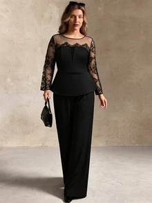Elegantrix Plus Size Elegant Lace Mesh Ruffle Top And Wide Leg Pants Party Cocktail Set, Formal Evening Black Two Pieces Outfit Autumn Fall/Winter Party Formal - Black - View 6