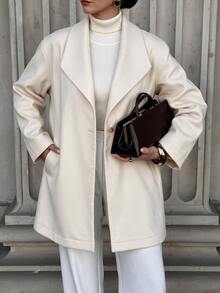 Easura Cream Classic Lapel Single-Button Wool Coat, Minimalist Office Plus Size Outerwear, Suitable For Work, Evening Parties And Autumn Daily Commute Winter - Apricot - View 2