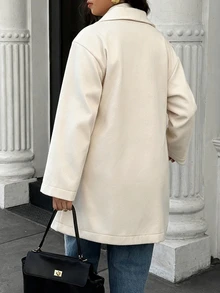 Easura Cream Classic Lapel Single-Button Wool Coat, Minimalist Office Plus Size Outerwear, Suitable For Work, Evening Parties And Autumn Daily Commute Winter - Apricot - View 6