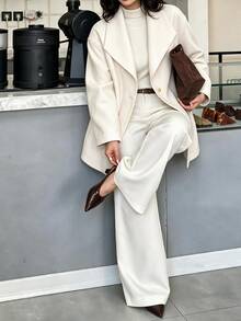 Easura Cream Classic Lapel Single-Button Wool Coat, Minimalist Office Plus Size Outerwear, Suitable For Work, Evening Parties And Autumn Daily Commute Winter - Apricot - View 1