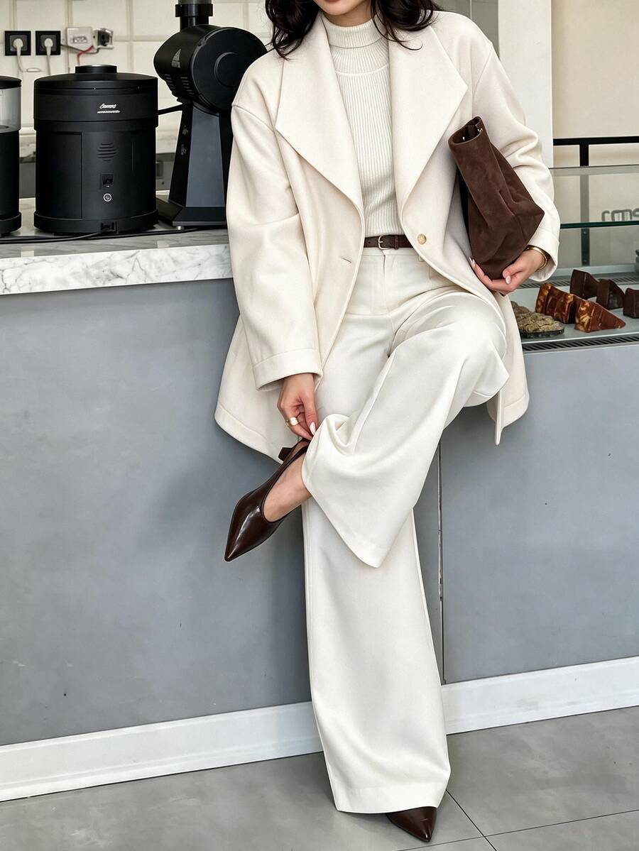 Easura Cream Classic Lapel Single-Button Wool Coat, Minimalist Office Plus Size Outerwear, Suitable For Work, Evening Parties And Autumn Daily Commute Winter - Apricot - View 1