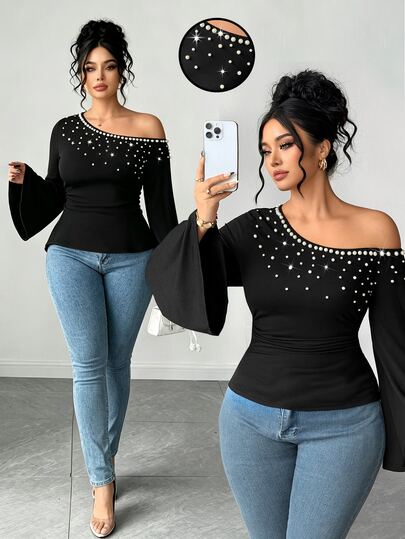 Elenzga Camiseta negra de perlas con cuello asimétrico y manga acampanada, estilo francés vintage elegante casual para ir al trabajo, otoño, formal, noche
