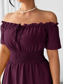 Elenzga Plus Size Women's Spring/Summer Exquisite Elegant Elastic Off-Shoulder Waist-Cinched Patchwork Short Sleeve Dress - Purple - View 3