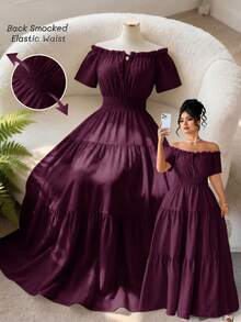 Elenzga Plus Size Women's Spring/Summer Exquisite Elegant Elastic Off-Shoulder Waist-Cinched Patchwork Short Sleeve Dress - Purple - View 4