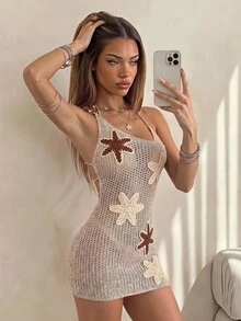 SHEIN ICON 钩编花卉单肩后绑带弹性迷你连衣裙 - 黃色 - 查看 1