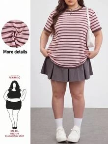 SHEIN CURVE+ 大尺碼 22W 女款休閒極簡寬鬆粉色條紋圓領T恤，適合秋冬穿著 - 彩色 - 查看 1