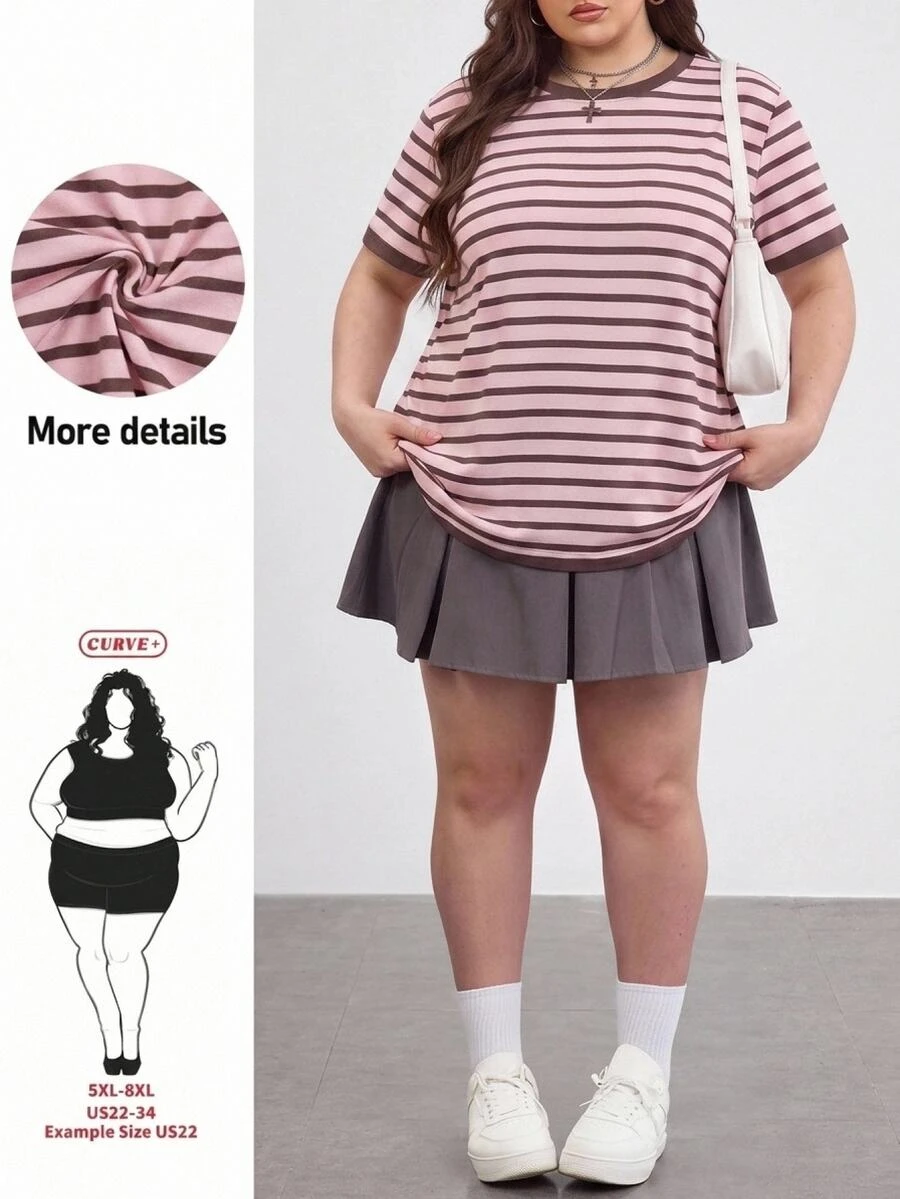 SHEIN CURVE+ 大尺碼 22W 女款休閒極簡寬鬆粉色條紋圓領T恤,適合秋冬穿著 - 彩色 - 查看 1