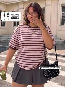 SHEIN CURVE+ 大尺碼 22W 女款休閒極簡寬鬆粉色條紋圓領T恤，適合秋冬穿著 - 彩色 - 查看 7