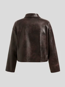 SHEIN Tween Girls Jackets Autumn/Winter Kids New Brown American Vintage Washed PU Short Jacket - Coffee Brown - View 2