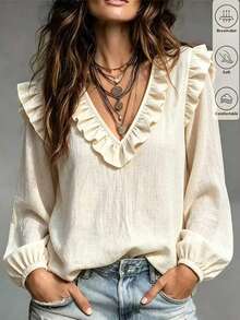 SHEIN LilyWest Blus Wanita Kasual Boho Serbaguna untuk Sehari-hari, Warna Polos, Leher V, Berlipit Ruffle, Aprikot, Musim Gugur, Bahan Linen Tenun Bertekstur, Lengan Panjang, Gaya Boho, Warna Serbaguna, Cocok untuk Brunch, Aprikot, dan Musim Gugur. - Aprikot - View 5
