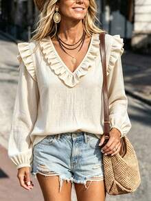 SHEIN LilyWest Blus Wanita Kasual Boho Serbaguna untuk Sehari-hari, Warna Polos, Leher V, Berlipit Ruffle, Aprikot, Musim Gugur, Bahan Linen Tenun Bertekstur, Lengan Panjang, Gaya Boho, Warna Serbaguna, Cocok untuk Brunch, Aprikot, dan Musim Gugur. - Aprikot - View 1